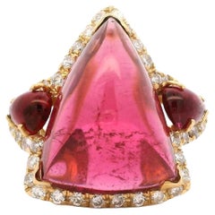 Italian 1990s 18K Gold Tourmaline Cabochon and Diamond Ring