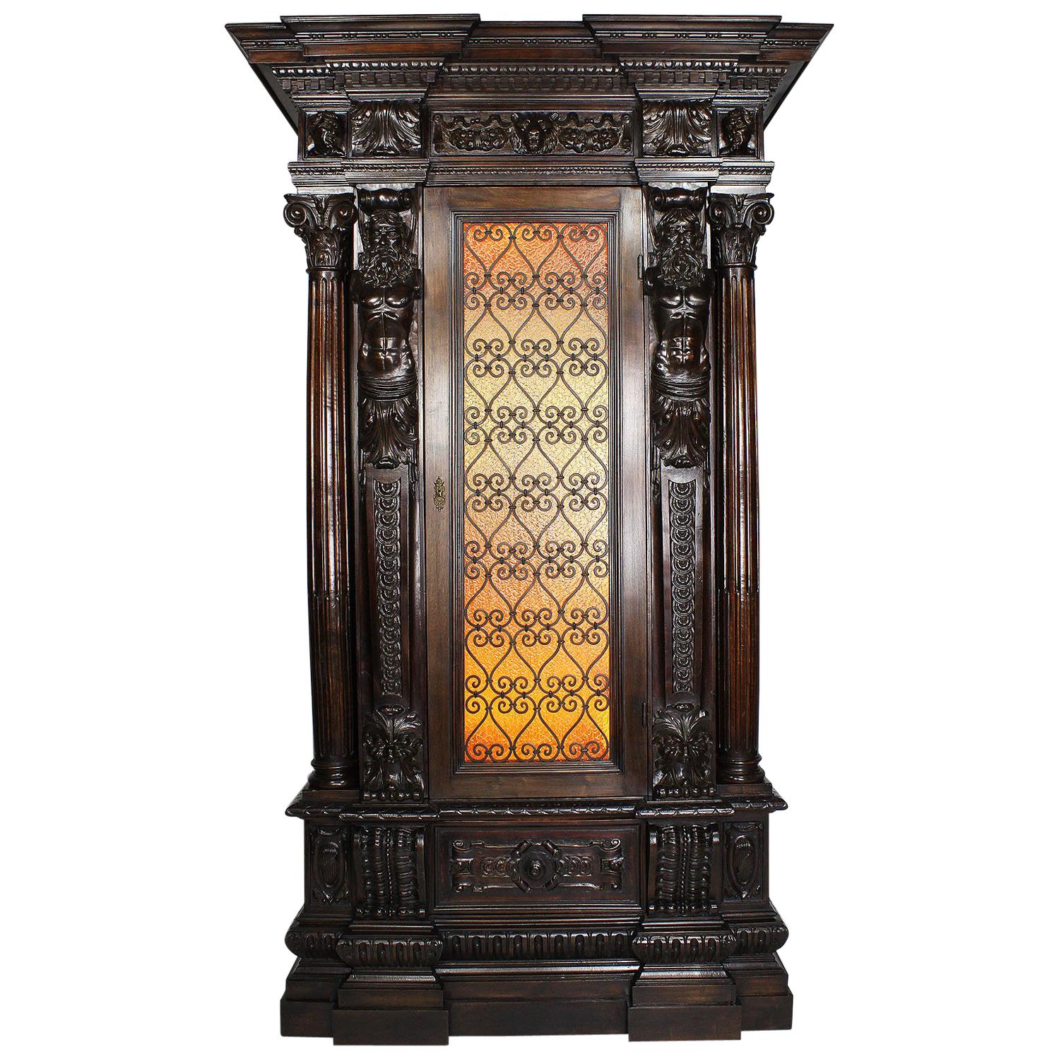 Italian 19th-20th Century Baroque Style Carved Walnut Wine Cellar Cabinet