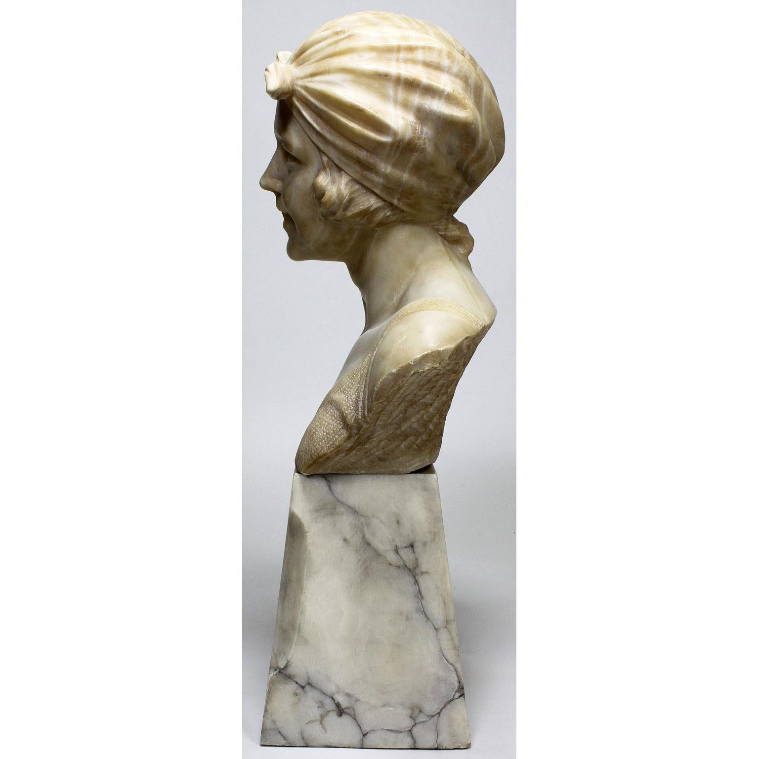  Italian 19th-20th Century Carved Alabaster Bust of a Young Girl with a Bandana For Sale 3