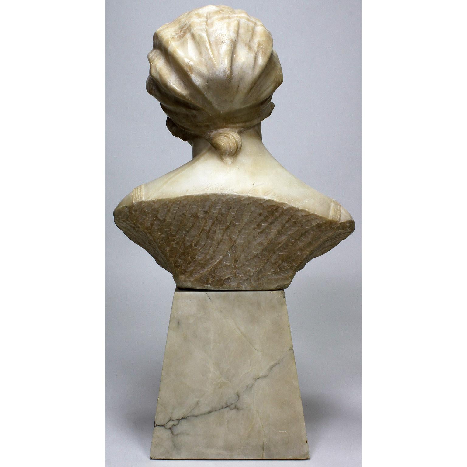  Italian 19th-20th Century Carved Alabaster Bust of a Young Girl with a Bandana For Sale 6