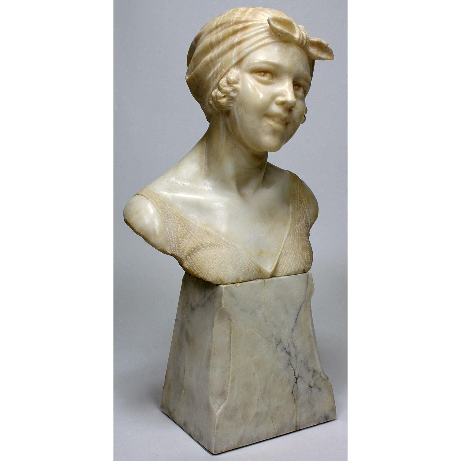 A charming Italian 19th-20th century carved alabaster bust of a young girl. The young beauty posing with a direct gaze, her hair tied with a head bandana tied on her forehead wearing a tank top, raised on a tapered alabaster stand. Signed and
