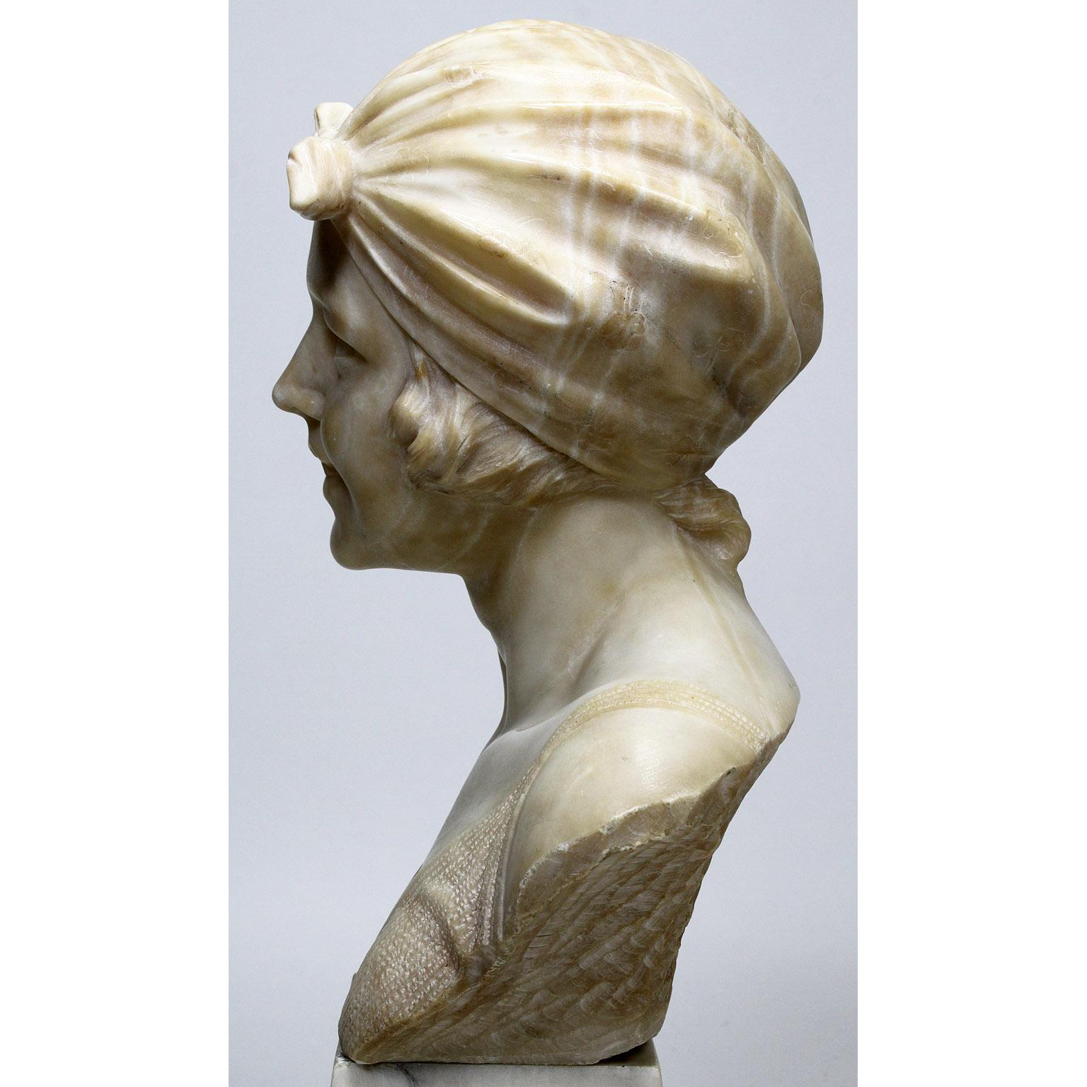 Belle Époque  Italian 19th-20th Century Carved Alabaster Bust of a Young Girl with a Bandana For Sale