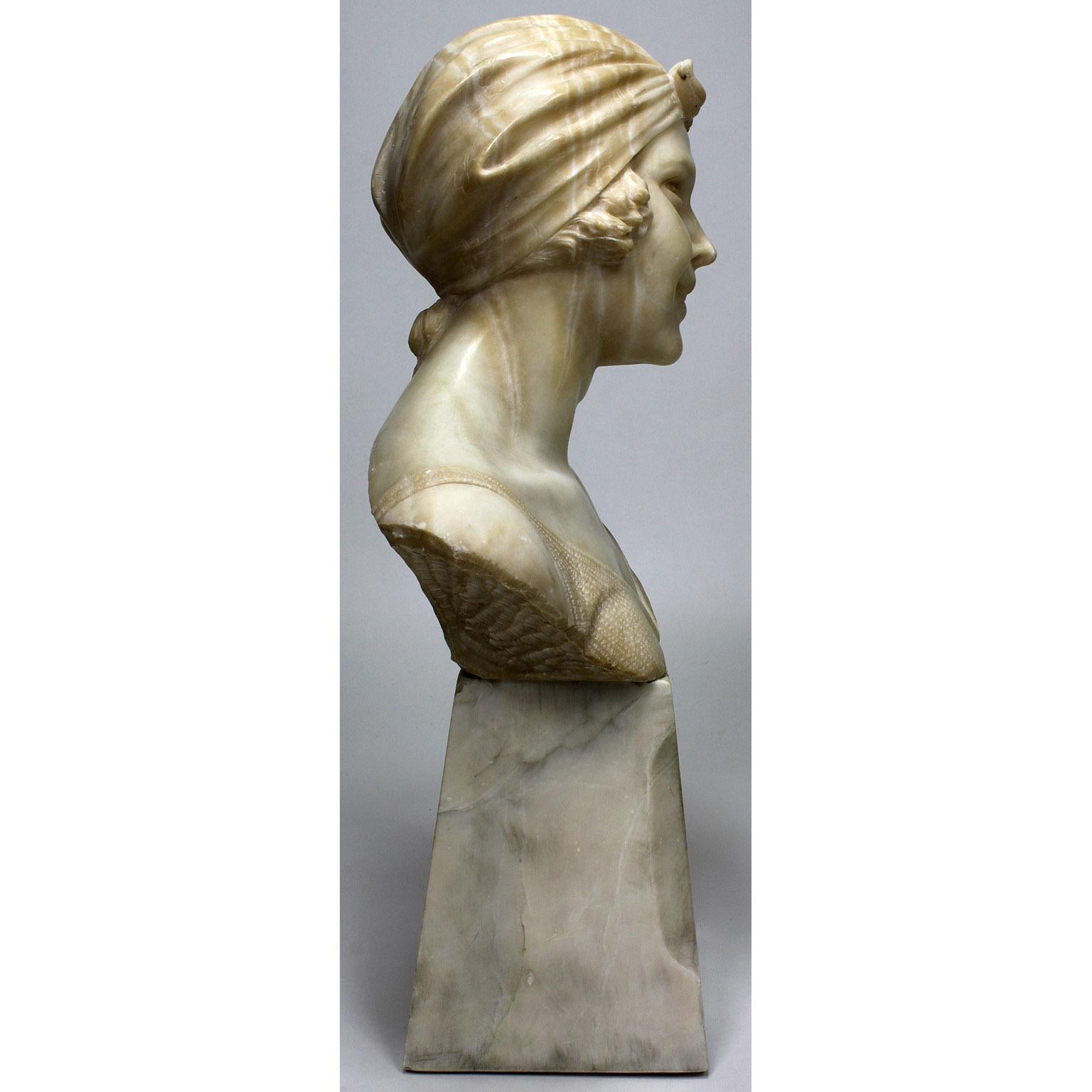 Hand-Carved  Italian 19th-20th Century Carved Alabaster Bust of a Young Girl with a Bandana For Sale