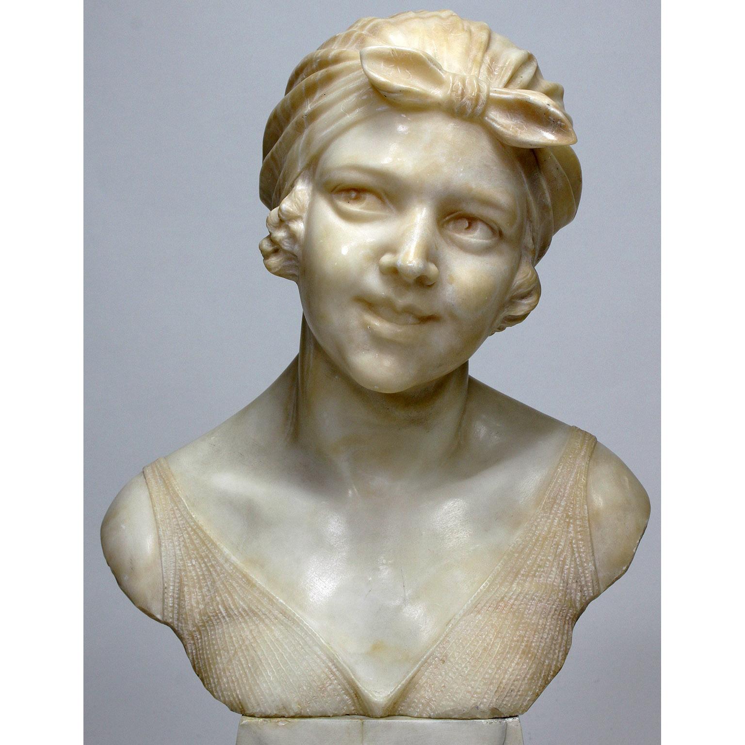  Italian 19th-20th Century Carved Alabaster Bust of a Young Girl with a Bandana In Good Condition For Sale In Los Angeles, CA