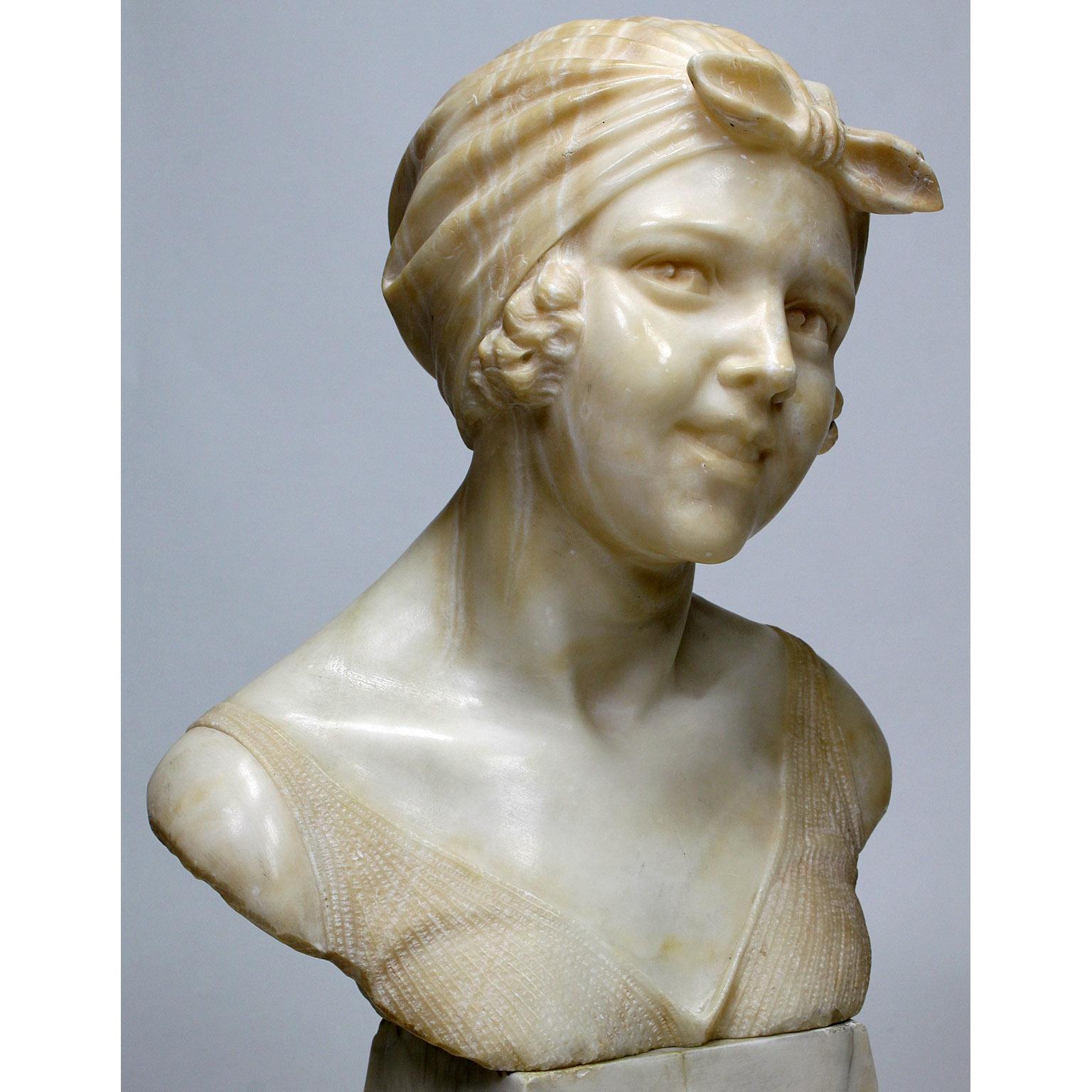 Early 20th Century  Italian 19th-20th Century Carved Alabaster Bust of a Young Girl with a Bandana For Sale