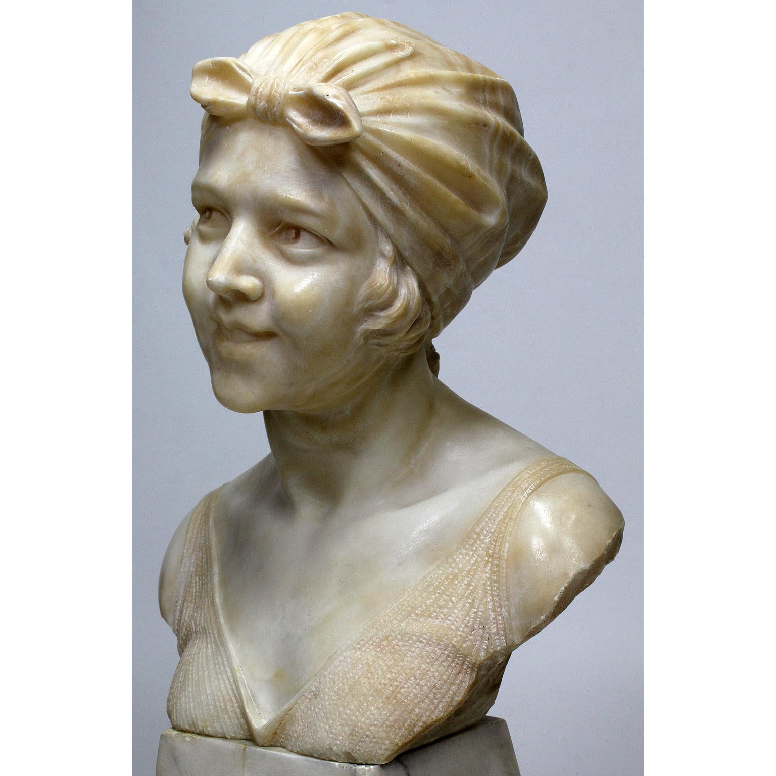  Italian 19th-20th Century Carved Alabaster Bust of a Young Girl with a Bandana For Sale 1