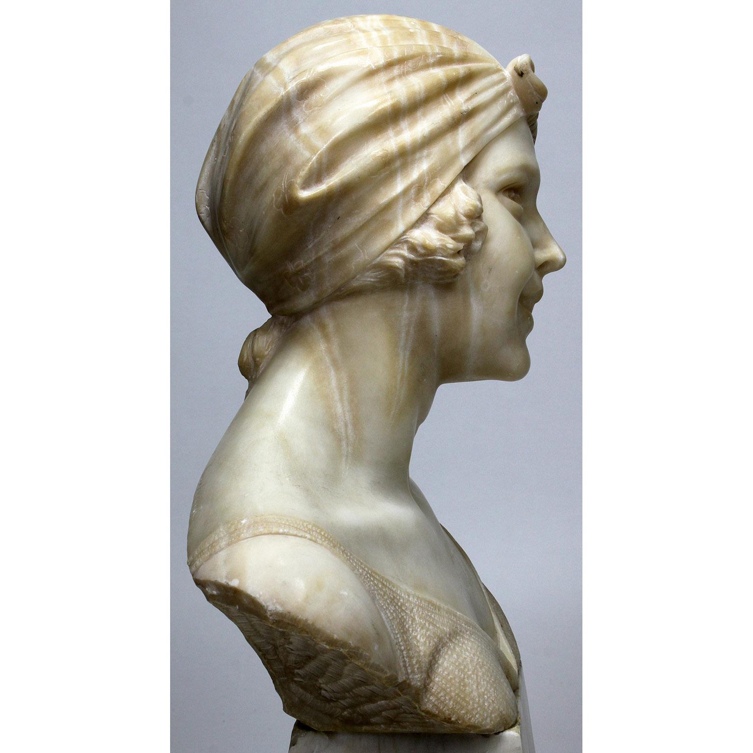  Italian 19th-20th Century Carved Alabaster Bust of a Young Girl with a Bandana For Sale 2