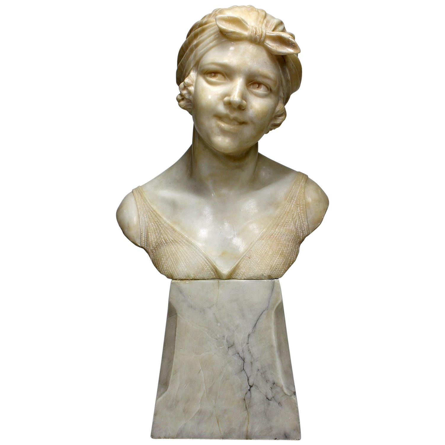  Italian 19th-20th Century Carved Alabaster Bust of a Young Girl with a Bandana For Sale