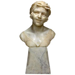  Italian 19th-20th Century Carved Alabaster Bust of a Young Girl with a Bandana
