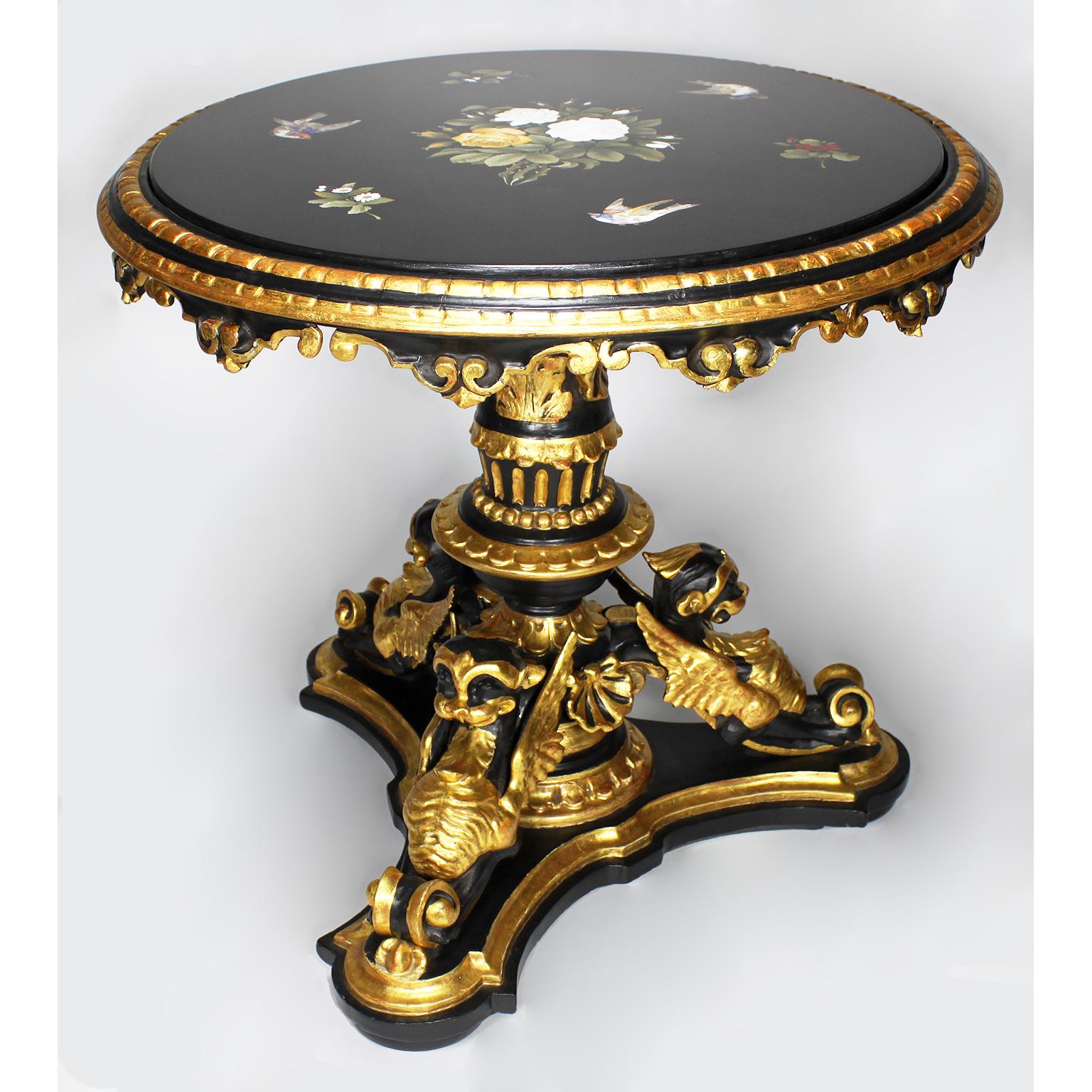 Hand-Carved Italian 19th-20th Century Ebonized and Parcel Giltwood Carved Pietra Dura Table