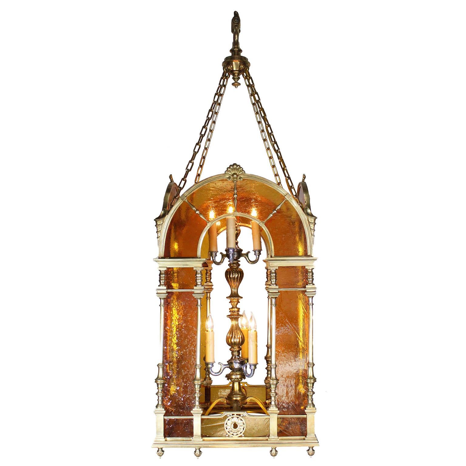 Farol italiano renacentista del siglo XIX/XX de bronce dorado y cristal sembrado en venta 1