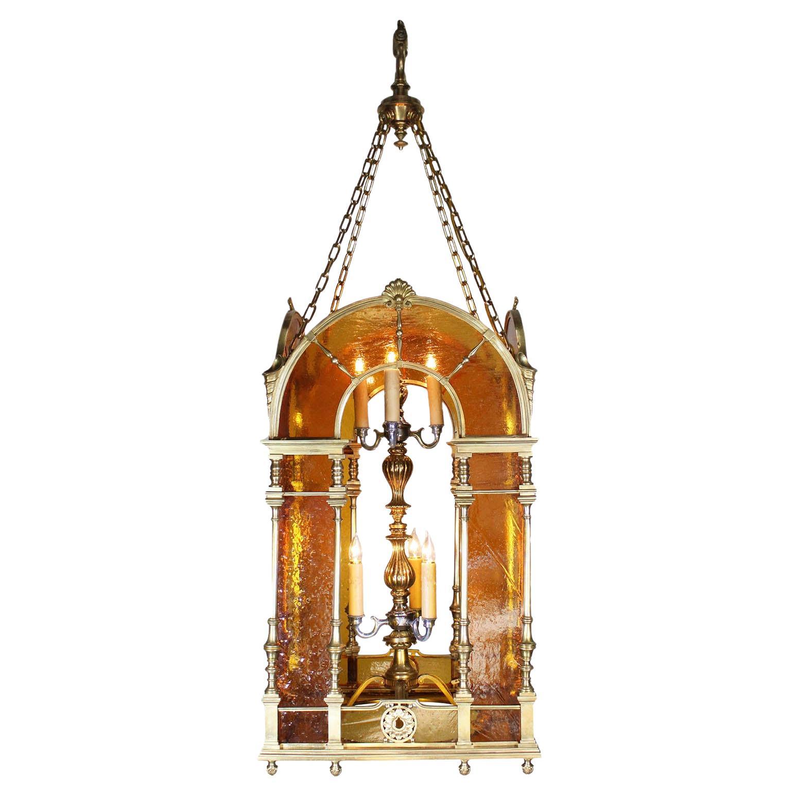 Farol italiano renacentista del siglo XIX/XX de bronce dorado y cristal sembrado