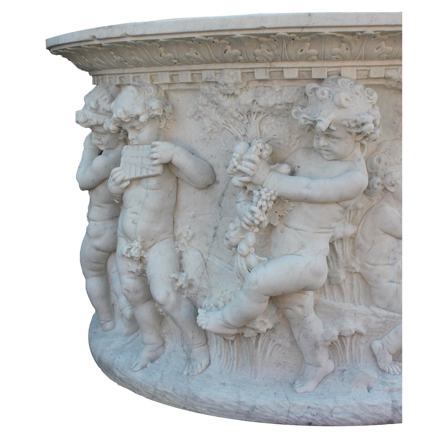 Italian 19th-20th Century Whimsical White Marble Wishing Wellhead with Children For Sale 5