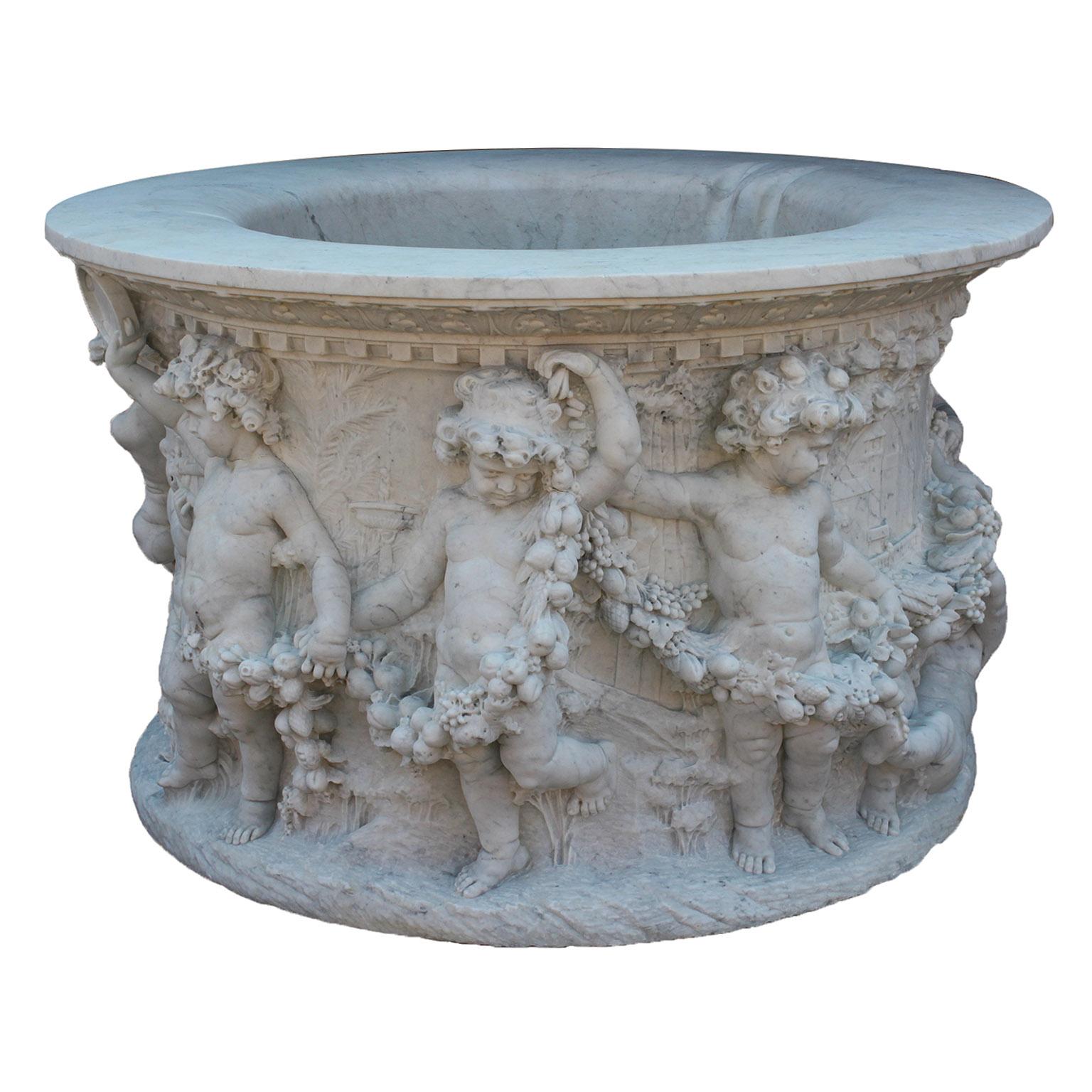 Baroque Revival Italian 19th-20th Century Whimsical White Marble Wishing Wellhead with Children For Sale
