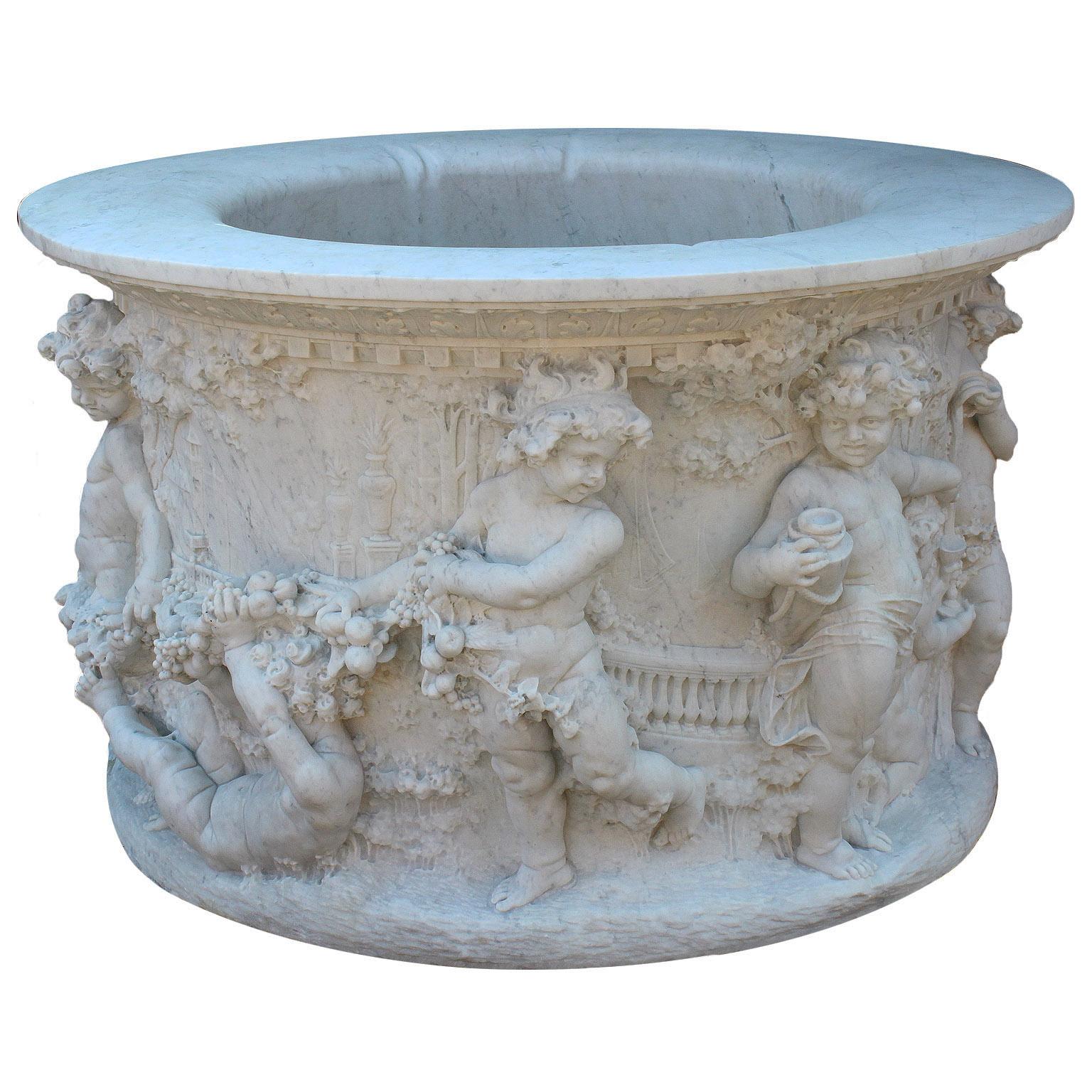 Carrara Marble Italian 19th-20th Century Whimsical White Marble Wishing Wellhead with Children For Sale