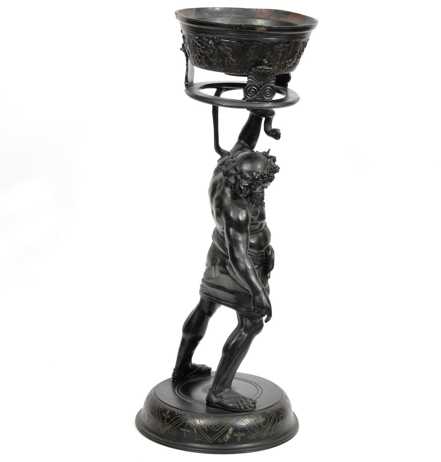Italian 19th C. Bronze Statue of Silenius Holding Up a Snake Footed Trough 4