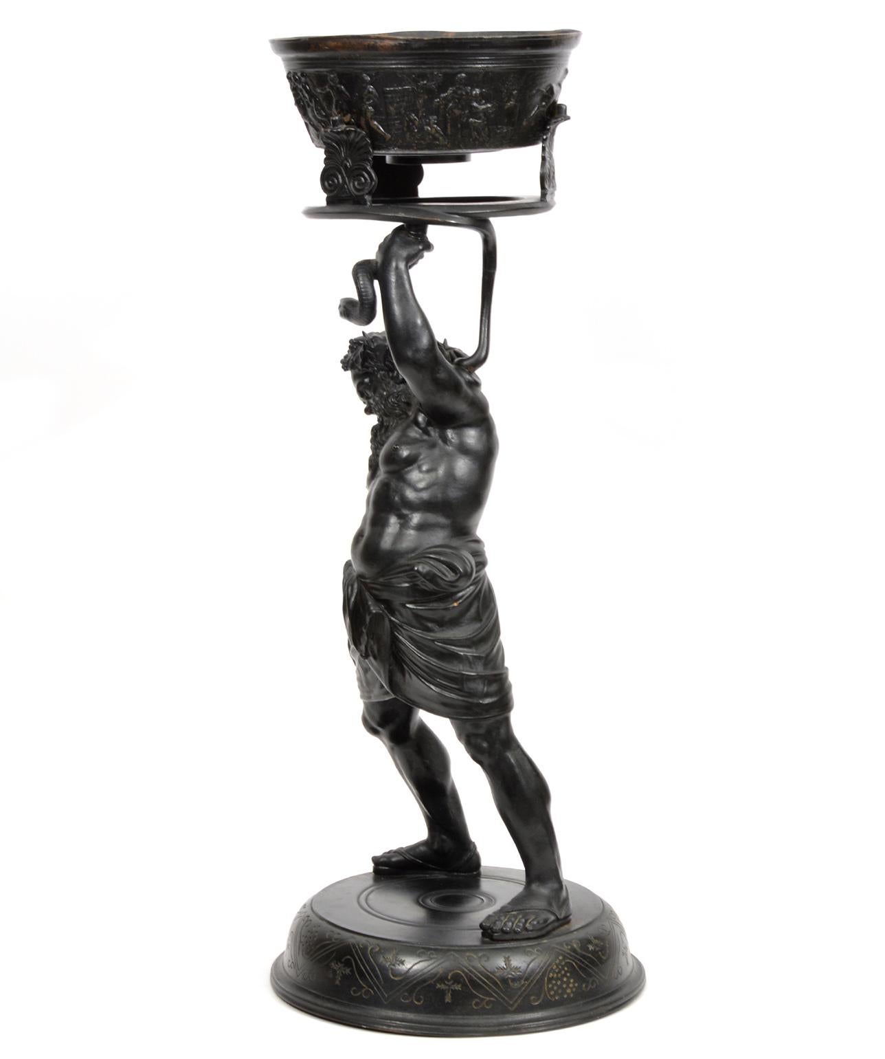 Italian 19th C. Bronze Statue of Silenius Holding Up a Snake Footed Trough 6