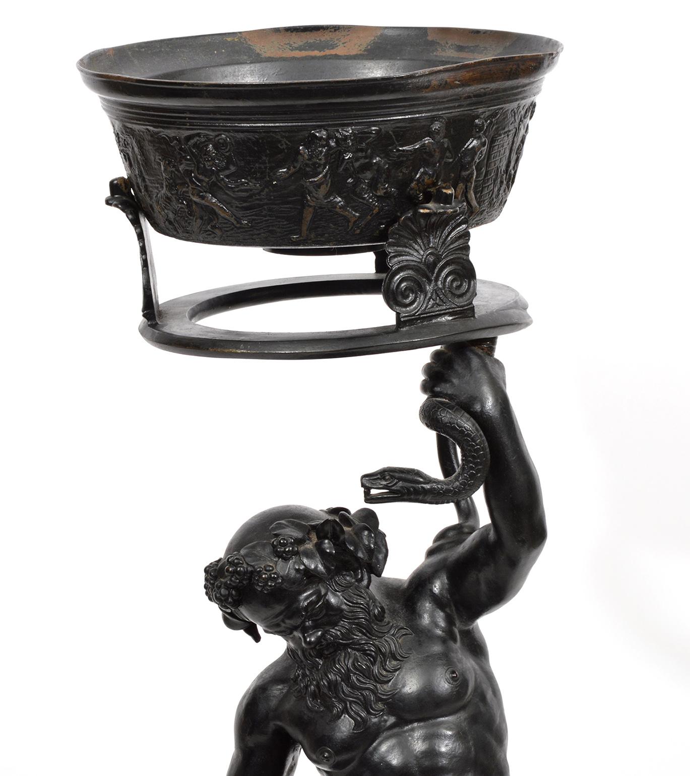 Greco Roman Italian 19th C. Bronze Statue of Silenius Holding Up a Snake Footed Trough