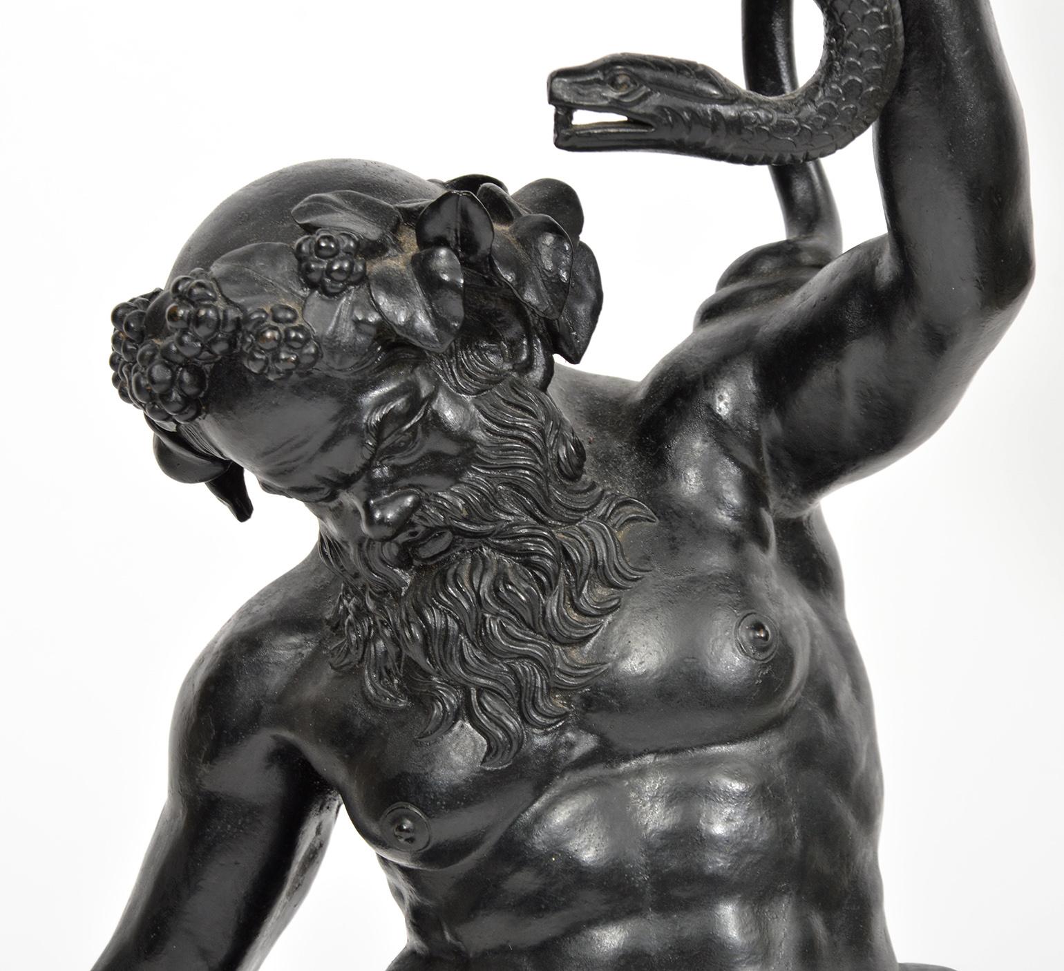 Patinated Italian 19th C. Bronze Statue of Silenius Holding Up a Snake Footed Trough