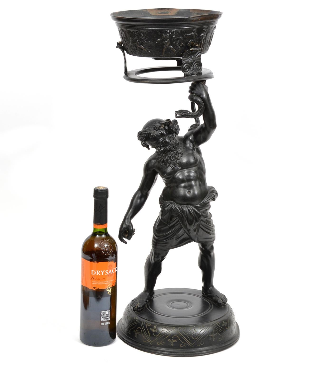Italian 19th C. Bronze Statue of Silenius Holding Up a Snake Footed Trough 1