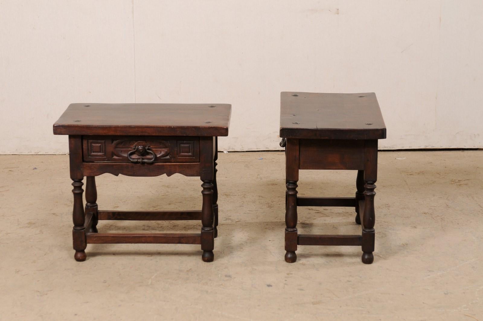 Italian 19th C. Carved-Walnut, Single Drawer End Tables W/Original Iron Pulls In Good Condition In Atlanta, GA