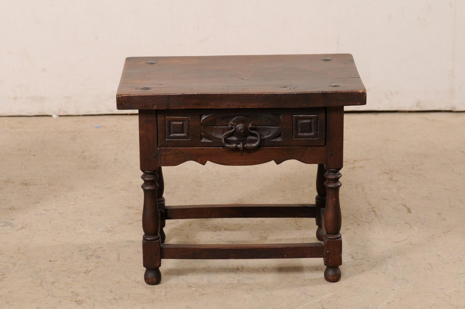 Italian 19th C. Carved-Walnut, Single Drawer End Tables W/Original Iron Pulls 1