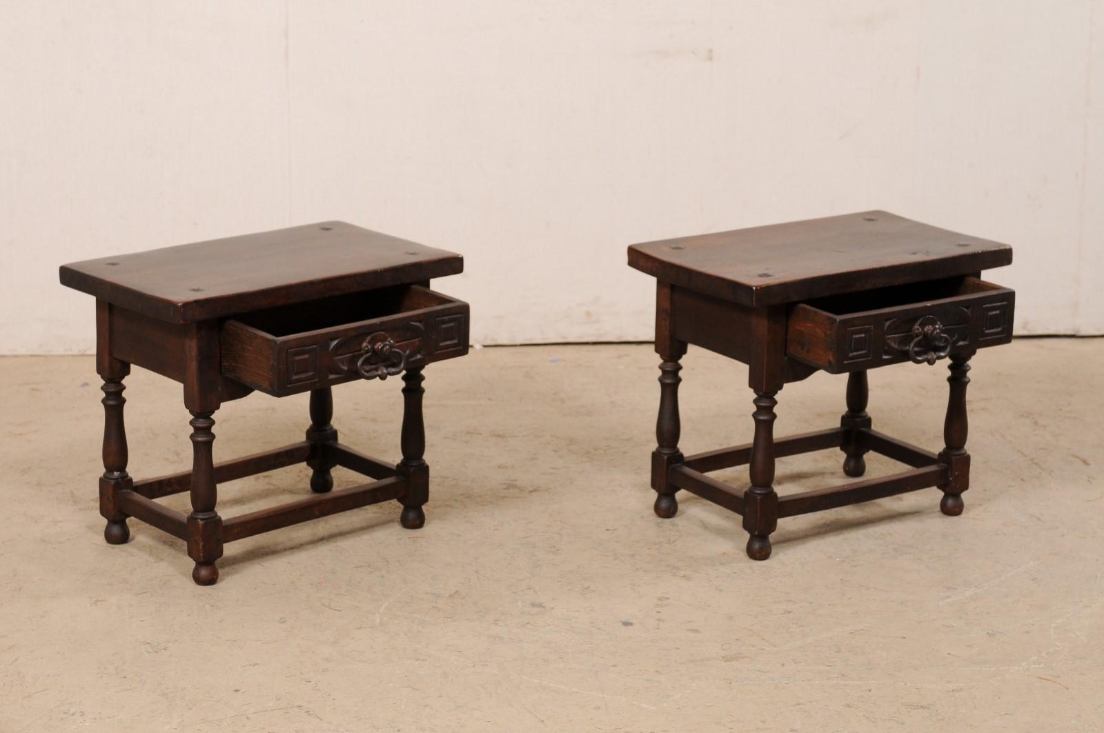 Italian 19th C. Carved-Walnut, Single Drawer End Tables W/Original Iron Pulls 2