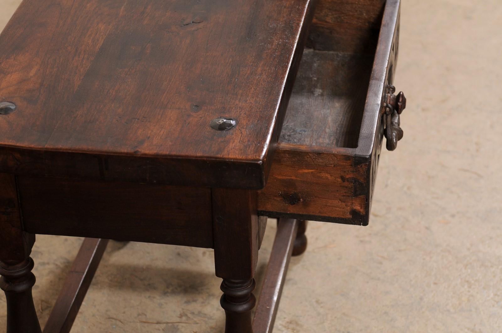 Italian 19th C. Carved-Walnut, Single Drawer End Tables W/Original Iron Pulls 3