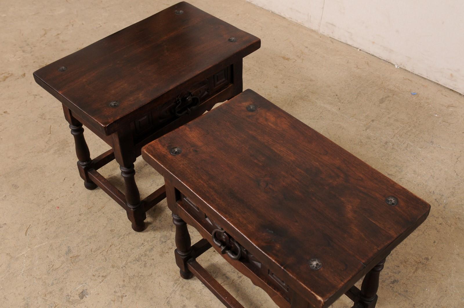 Italian 19th C. Carved-Walnut, Single Drawer End Tables W/Original Iron Pulls 4