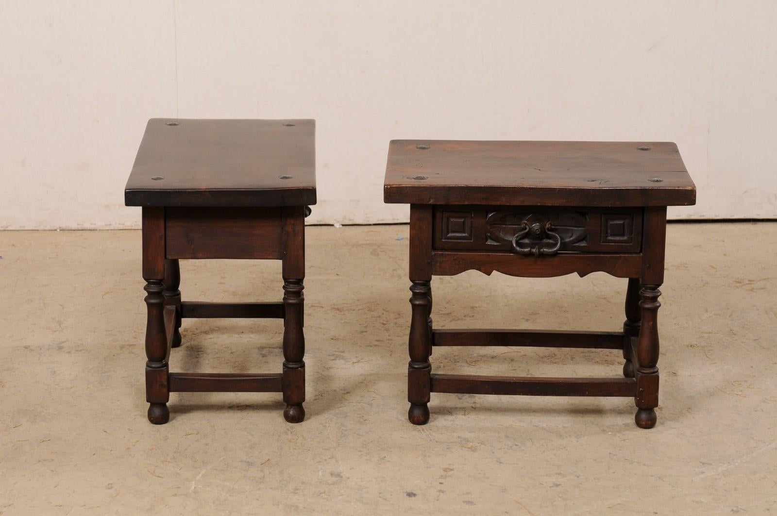 Italian 19th C. Carved-Walnut, Single Drawer End Tables W/Original Iron Pulls 5
