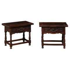 Antique Italian 19th C. Carved-Walnut, Single Drawer End Tables W/Original Iron Pulls