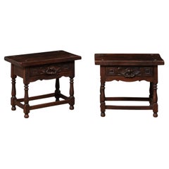 Italian 19th C. Carved-Walnut, Single Drawer End Tables W/Original Iron Pulls