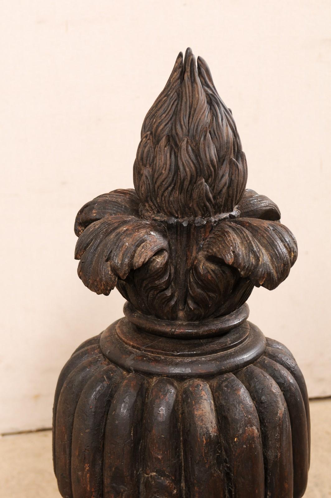 Italian 19th C. Carved-Wood Urn with Fire Finial, Standing In Good Condition For Sale In Atlanta, GA