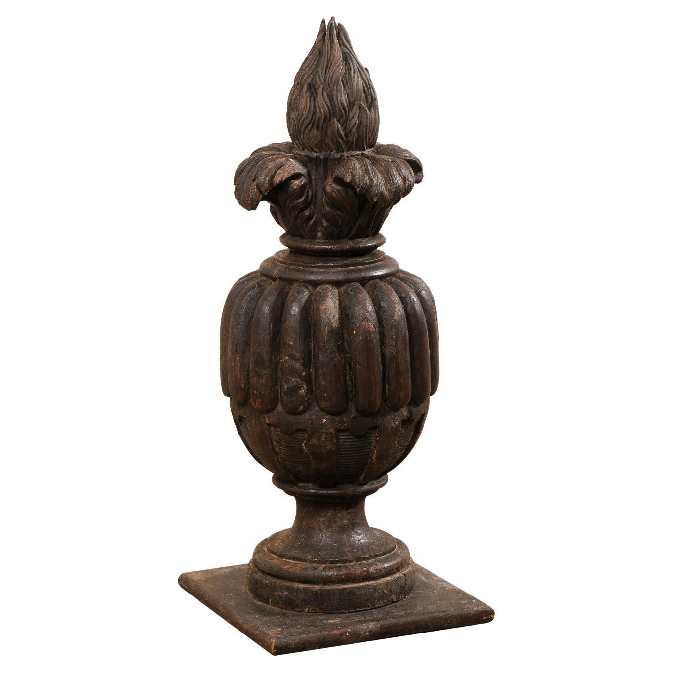 Italian 19th C. Carved-Wood Urn with Fire Finial, Standing