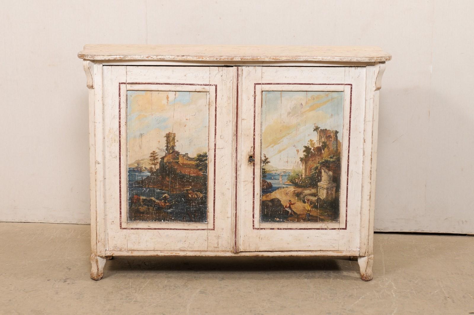 Console italienne du 19ème siècle avec motif de paysage marin d'un village de pêcheurs peint à la main Bon état - En vente à Atlanta, GA