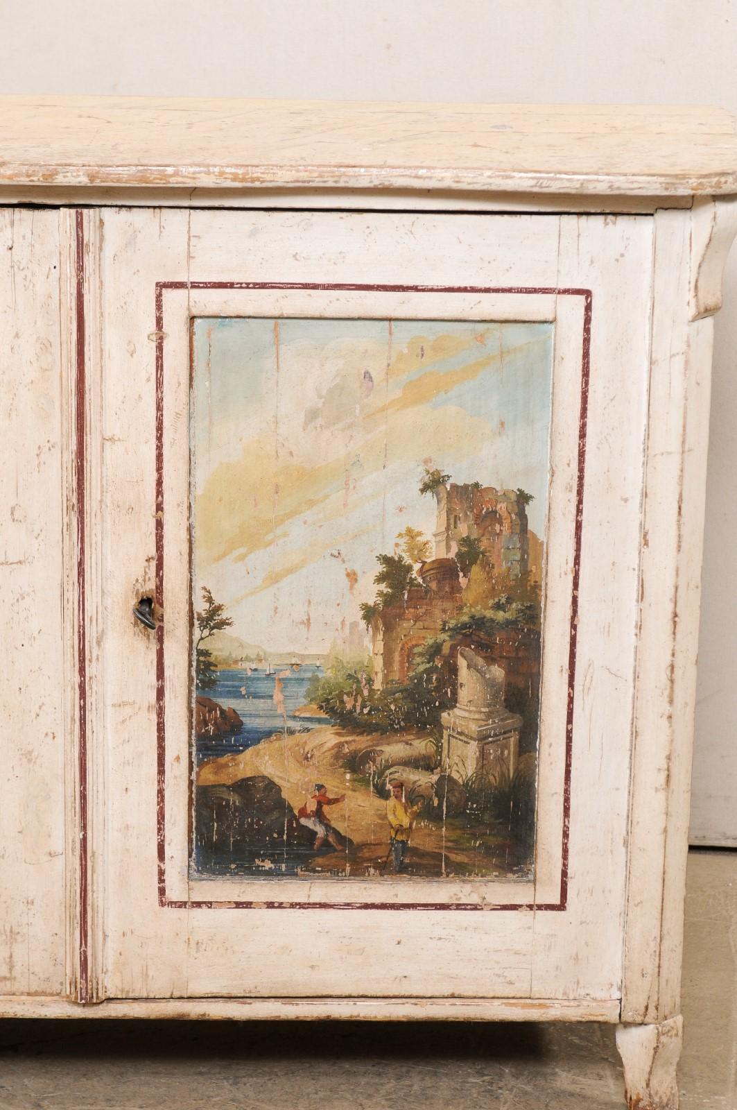 Bois Console italienne du 19ème siècle avec motif de paysage marin d'un village de pêcheurs peint à la main en vente