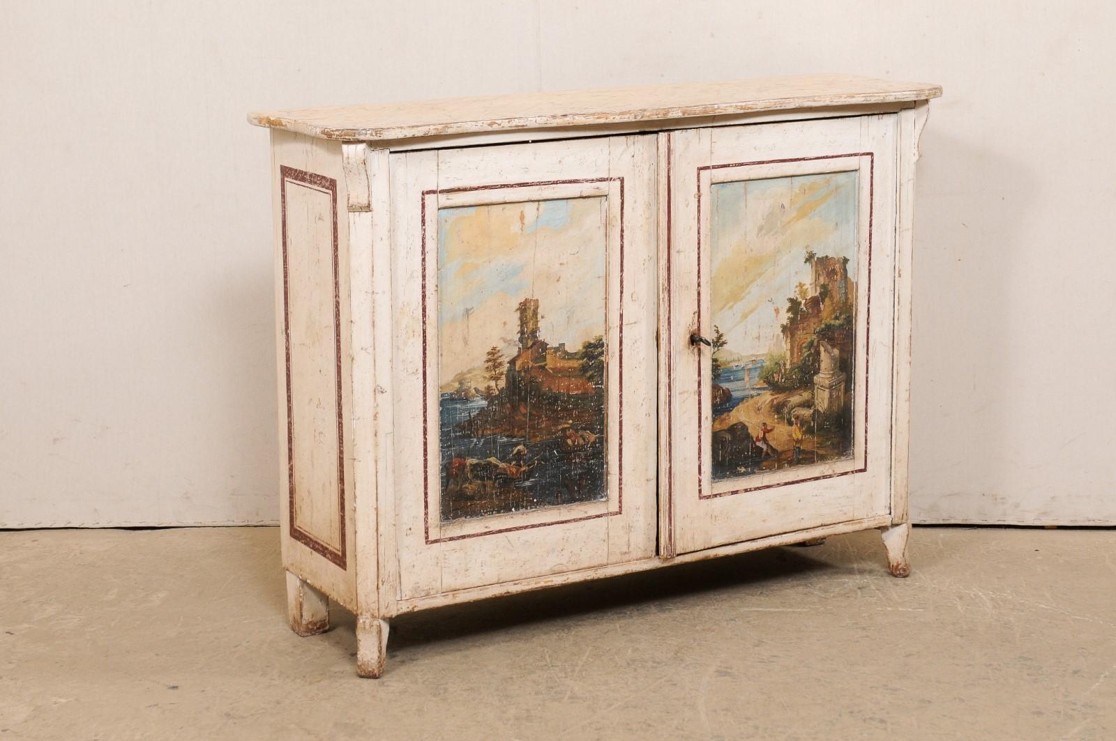 19th Century Italian 19th C. Console Cabinet w/a Hand-Painted Fishing Village Seascape Motif For Sale