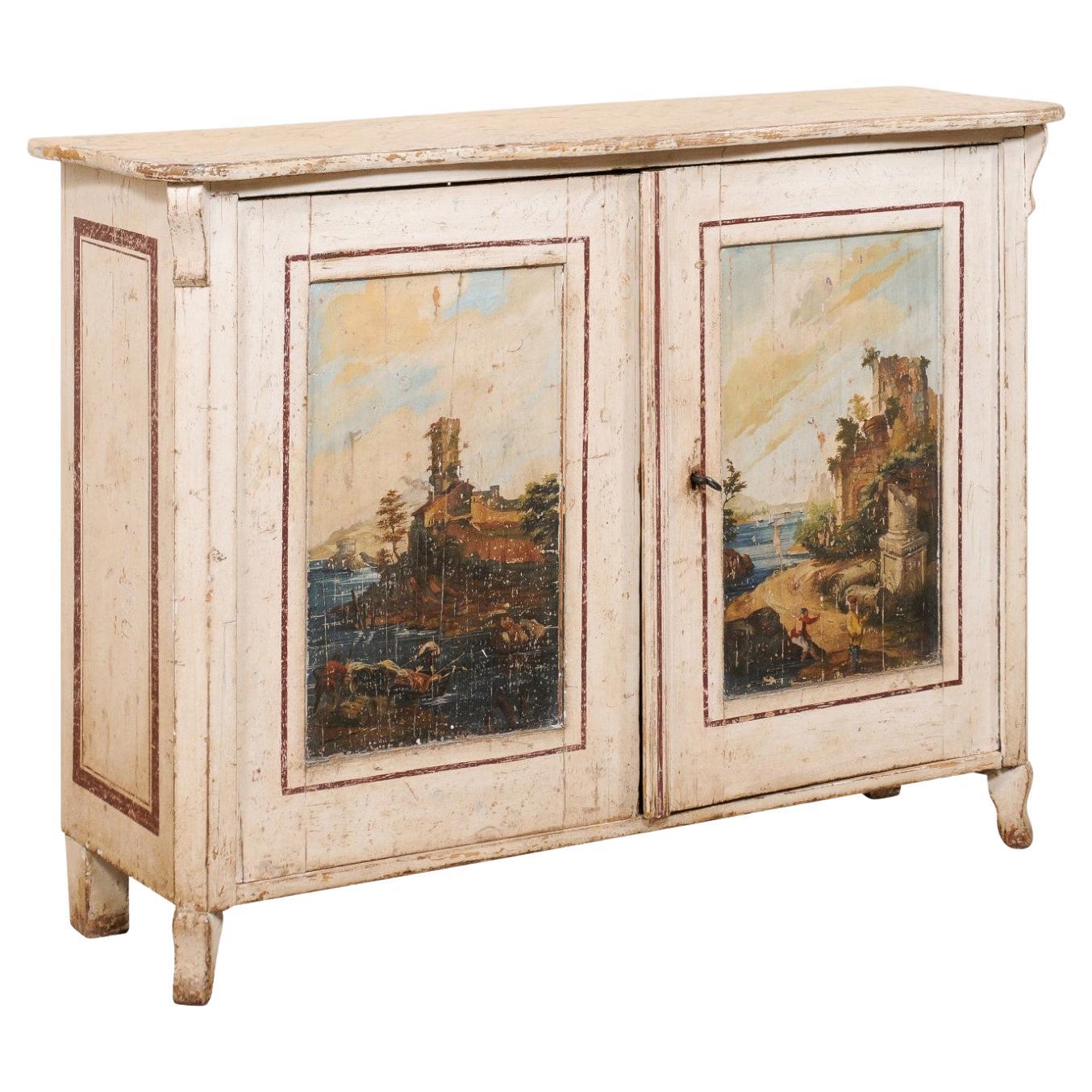 Italian 19th C. Console Cabinet w/a Hand-Painted Fishing Village Seascape Motif For Sale