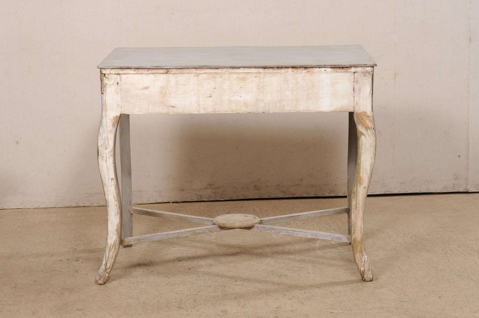 Wood Italian 19th C. Console Table W/Drawer & X-Stretcher, Custom Gray & Gold Finish For Sale
