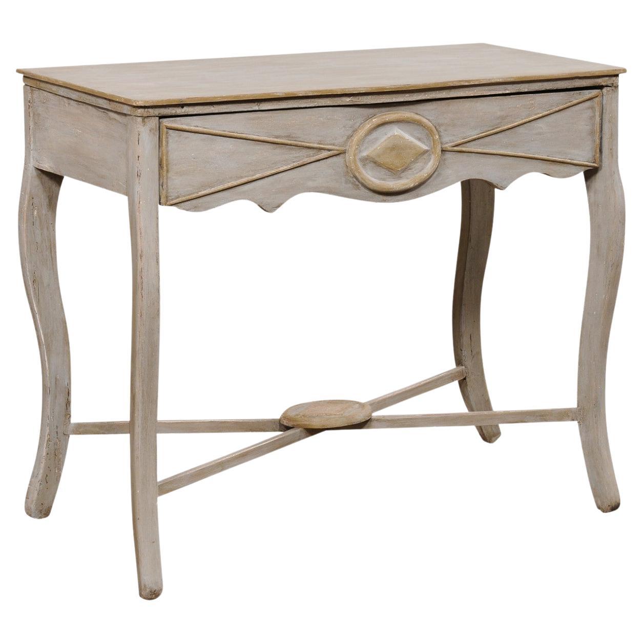 Table console italienne du 19e siècle avec tiroir et traverse en X, finition grise et dorée sur mesure 