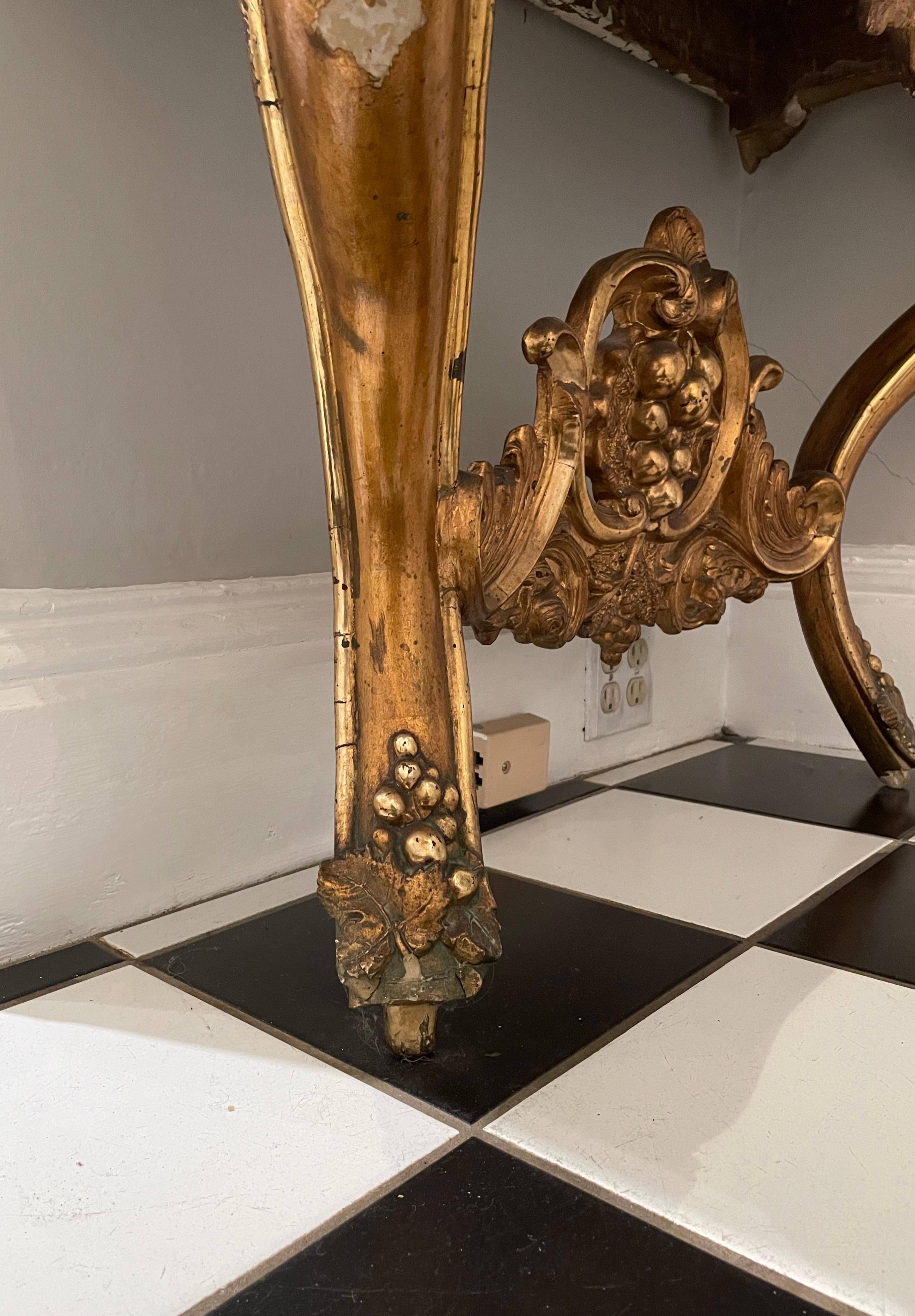 Italian 19th C Curved Console Table with Triple Gilding and White Marble Top For Sale 3