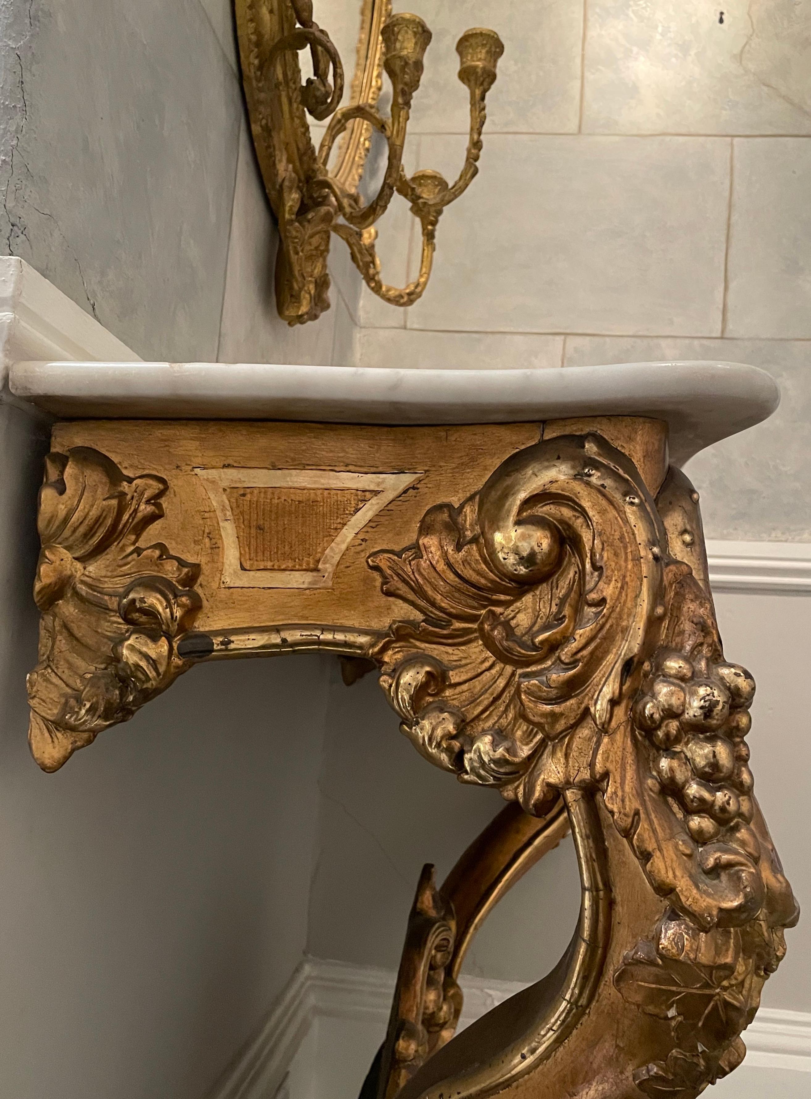 Italian 19th C Curved Console Table with Triple Gilding and White Marble Top For Sale 5