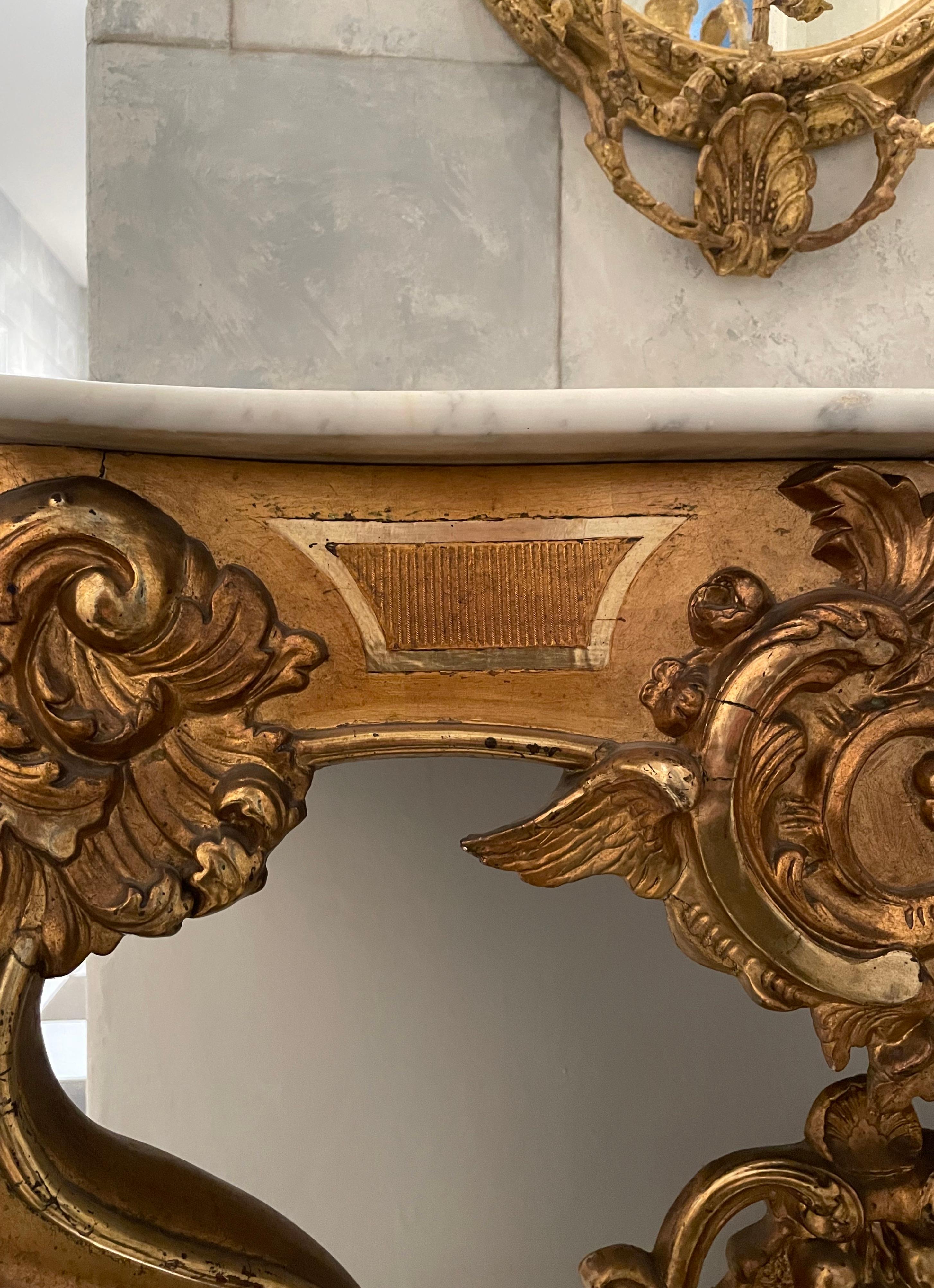 Italian 19th C Curved Console Table with Triple Gilding and White Marble Top For Sale 7