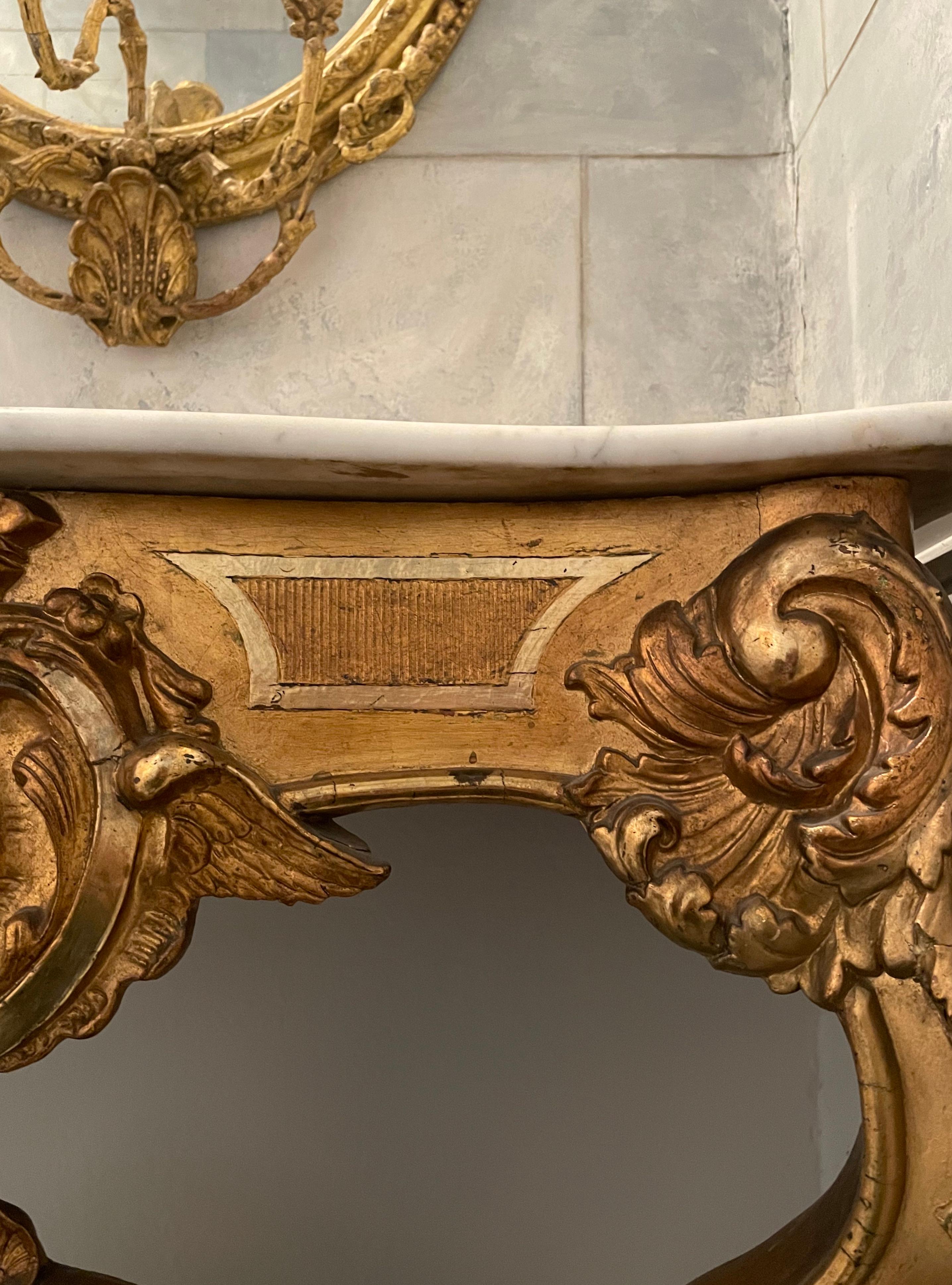 Italian 19th C Curved Console Table with Triple Gilding and White Marble Top For Sale 8