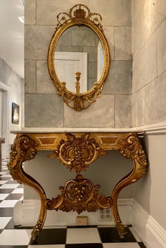 Italian 19th C Curved Console Table with Triple Gilding and White Marble Top