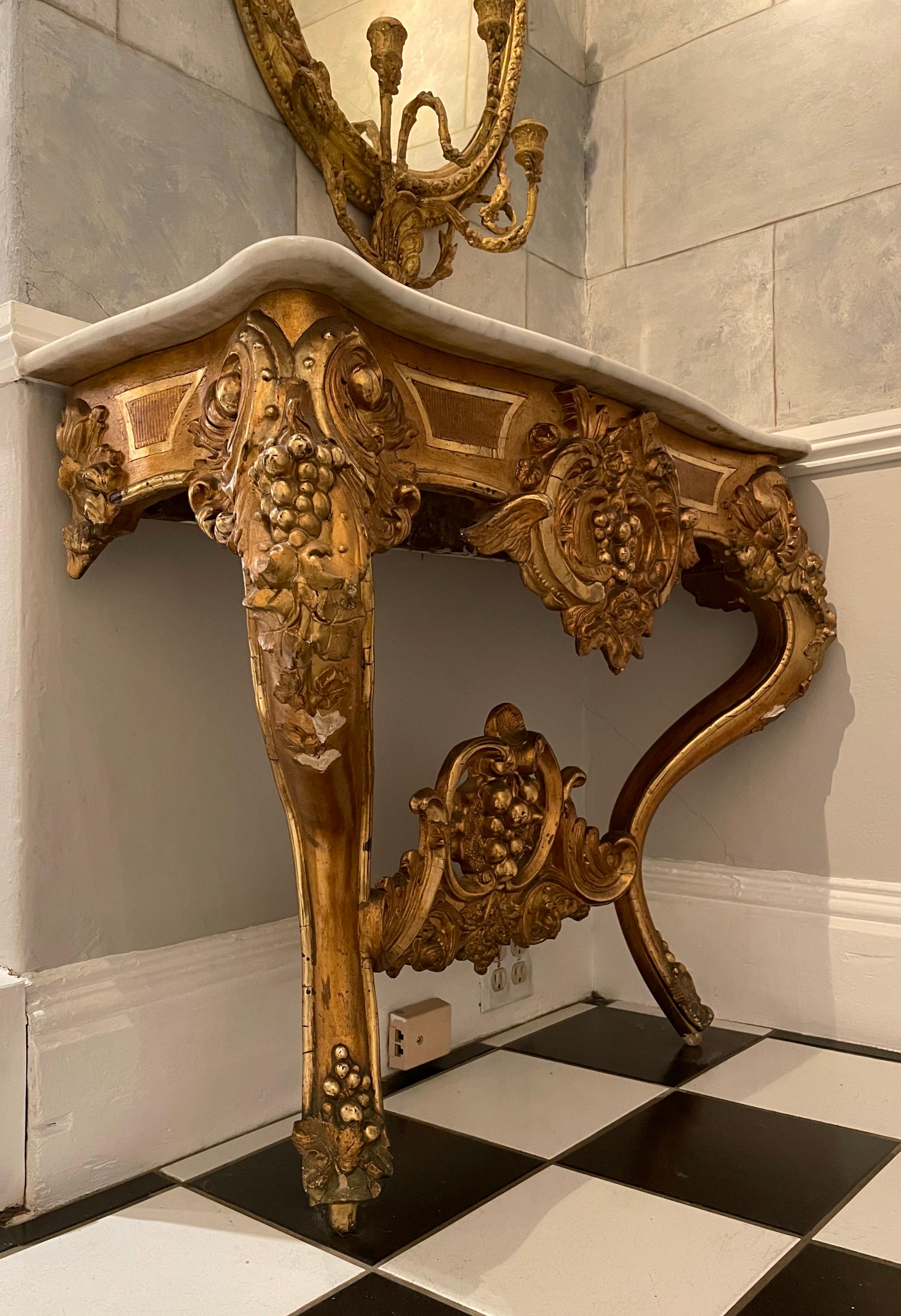 Rococo Revival Italian 19th C Curved Console Table with Triple Gilding and White Marble Top For Sale