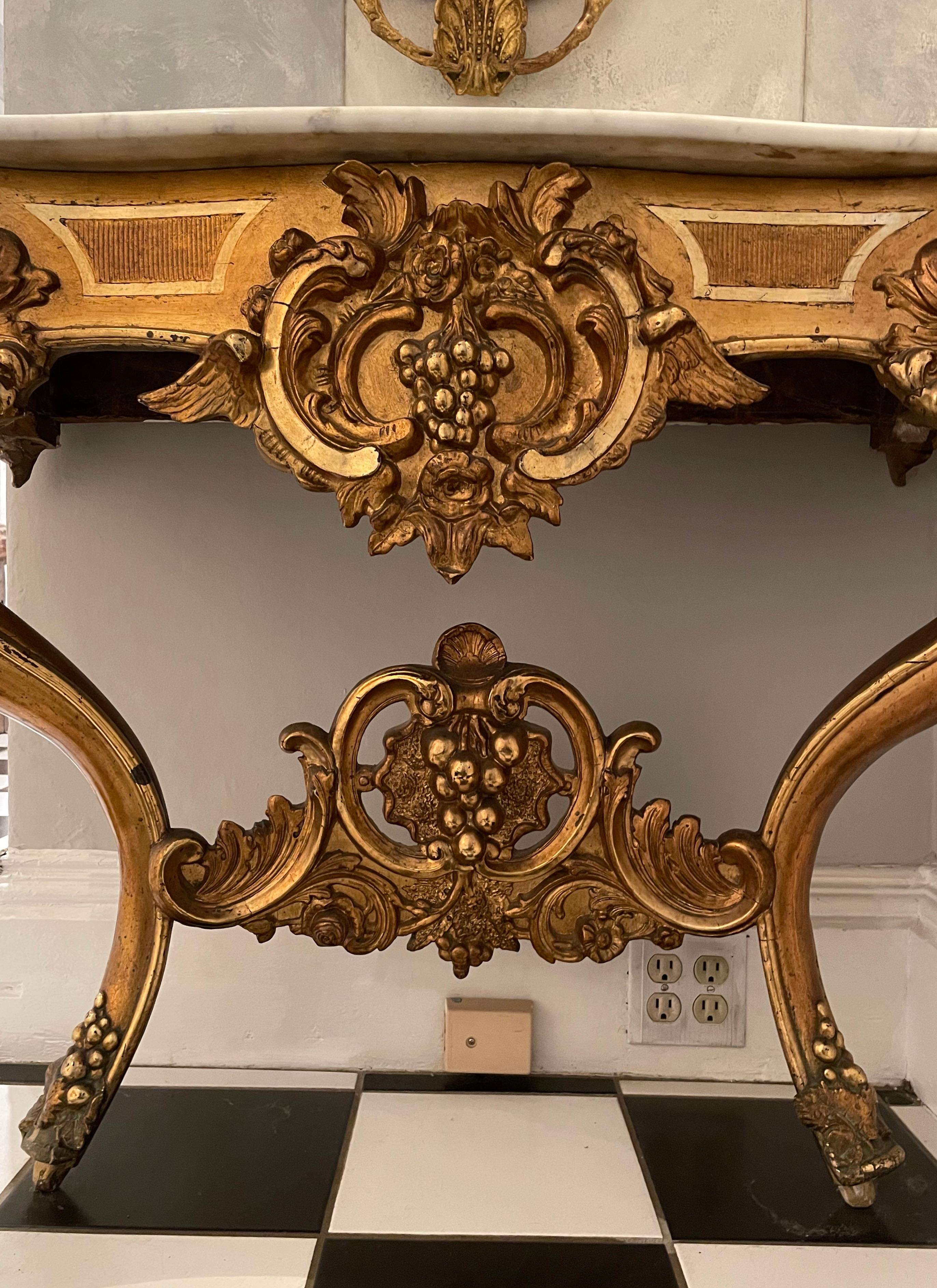 19th Century Italian 19th C Curved Console Table with Triple Gilding and White Marble Top For Sale