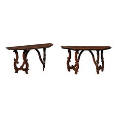 Italian 19th C. Halved-Octagon Shape Lyre Leg Console Tables w/Fine Trim Details