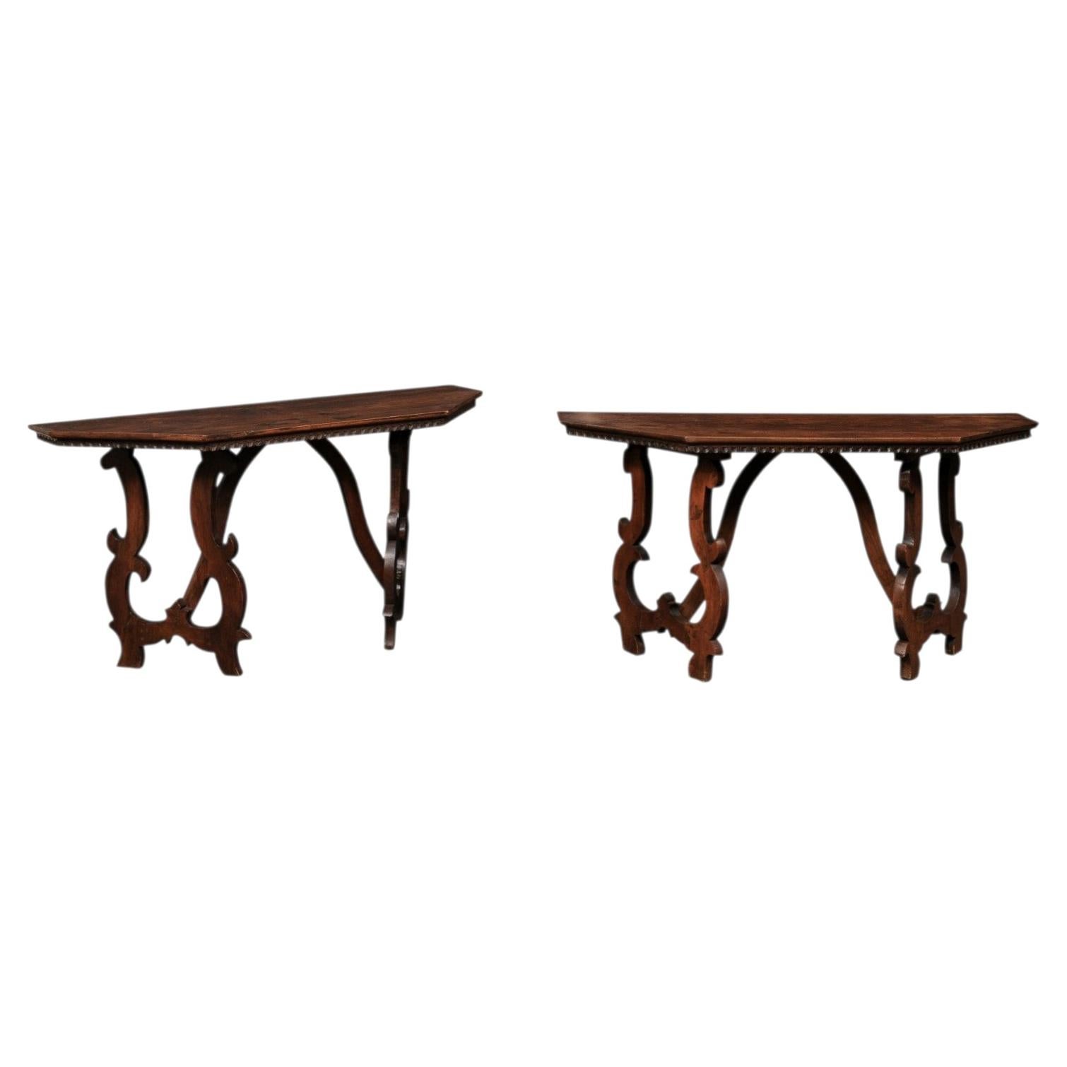 Italian 19th C. Halved-Octagon Shape Lyre Leg Console Tables w/Fine Trim Details