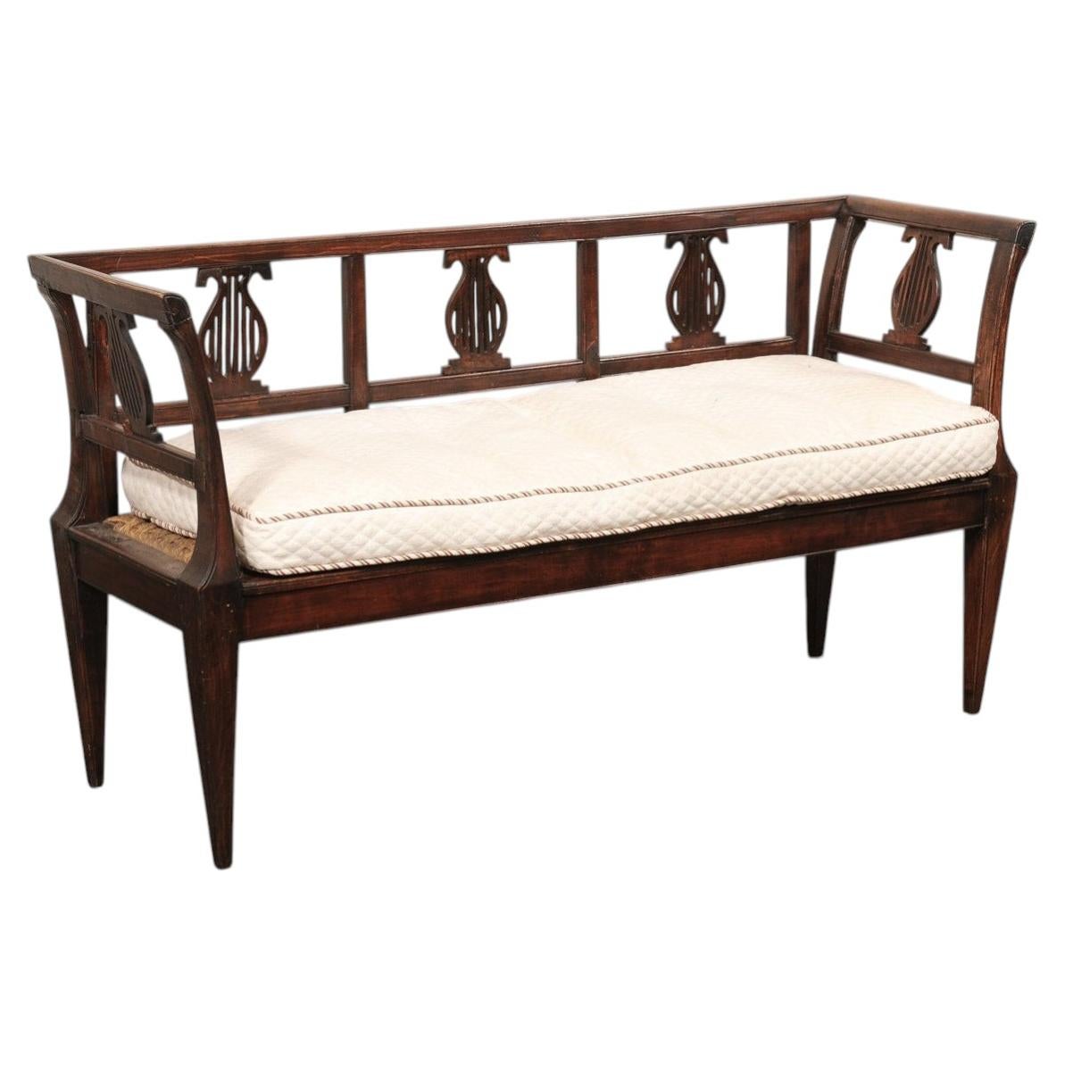 Italian 19th C. Lyre Splat Back Sofa Bench w/Upholstered Seat Cushion For Sale